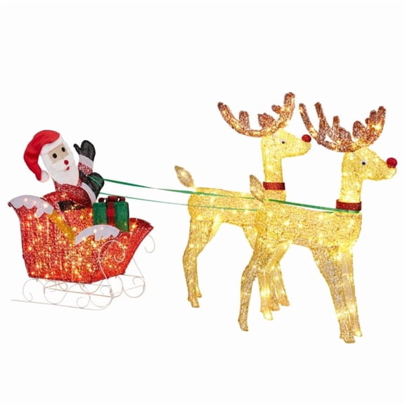 Alvantor 3-Piece Pre-Lit Reindeer and Santa Sleigh Christmas Decorations with 270 Warm White LED Lights, Indoor and Outdoor, Gold and Red