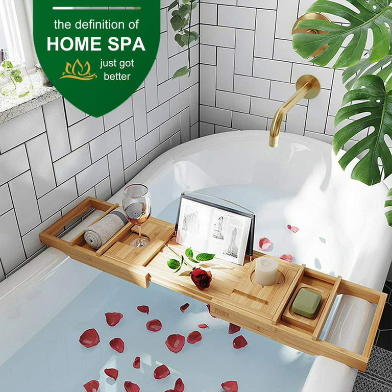 Bamboo Bathtub Tray Bath Tub Caddy with Expandable Handles Wine Glass Phone  Holder Book Stand for Bathroom Luxury Spa Wooden Bath Table Board for