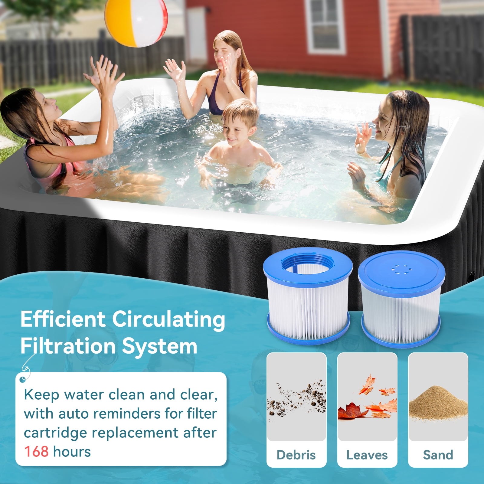 MOPHOTO Hot Tub - 73” X 73” X 25” Inflatable Hot Tub, 4-6 Person Portable Blow Up Hot Tub Square Portable Outdoor Spa with 130 Bubble Jets and Built in Heater Pump, Filter