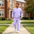 thumbnail image 7 of WULMLEO 2 Piece Sweatsuits Men Fall Solid Crew Neck Long Sleeve Sweatshirts Wide Leg Joggers Outfits Set Casual Trendy Sets Trendy Y2k Tracksuit Light Purple 3XL, 7 of 7