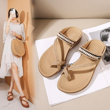 

Sunvit Flat Sandals for Women- Casual Open Toe Roman Beach Sandals Summer Slide Sandals #382 Beige