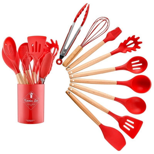 Utensilios de cocina de silicona con mango de madera de colores para el hogar, juego de 11 piezas, utensilios de cocina