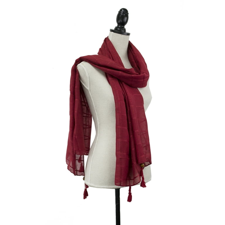 Women Plaid Wood Bead Tassel Cotton Scarf Lightweight Wrap Shawl Burgundy