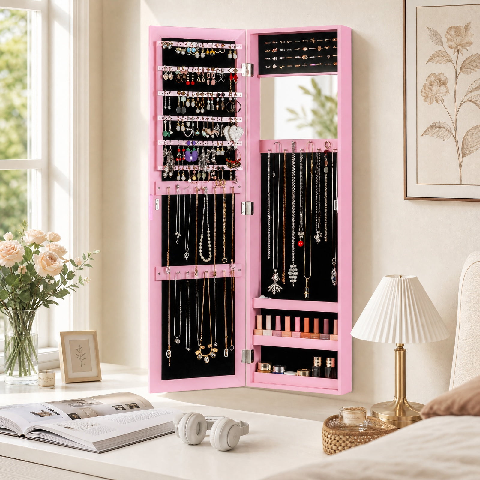 Furnibear Jewelry Cabinet Wall or Door Mounted Jewelry Armoire Modern Hanging Jewelry Organizer for Bedroom Dressing Room Jewelry Necklace, Pink
