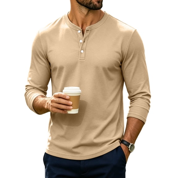 Men's Henley T-Shirts Long Sleeve Pullover Shirt Casual Heavyweight Shirts Basic Tees