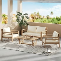 GDF Studio Modern Outdoor Patio Conversation Set,  4 Seat Sofa Set with Coffee Table, Solid Wood Frame, Beige Cushions
