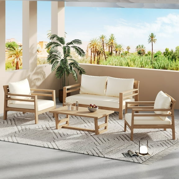 GDF Studio Modern Outdoor Patio Conversation Set,  4 Seat Sofa Set with Coffee Table, Solid Wood Frame, Beige Cushions