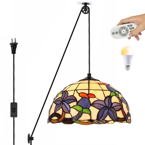 Kiven Plug in Glass Pendant Light ,Classic Pulley Hanging Light with Remote Control,Retro Dimmable Ceiling Pendant Light for Bedroom Foyer Hallway Kitchen Island, E26 Socket