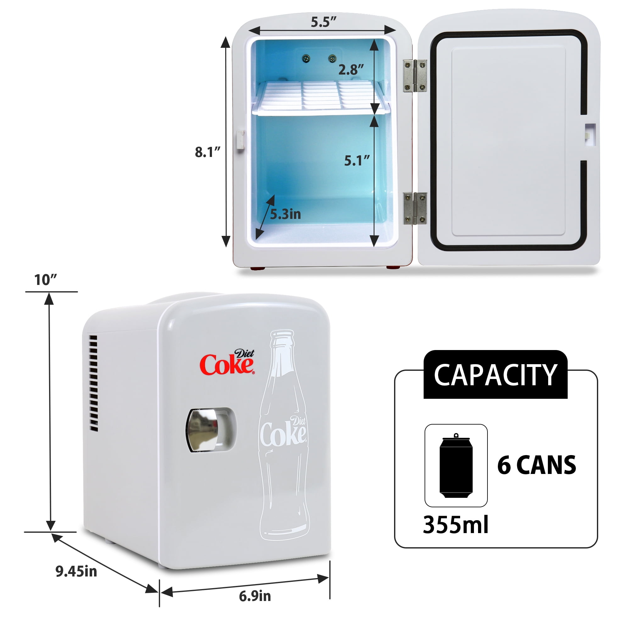 Coca‑Cola Diet Coke 4L Mini Cooler Portable Fridge and Warmer Holds 6 Cans, 12V/110V Travel Fridge, Gray