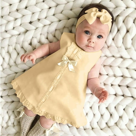 

Fidelma Girls Dress&Skirt Newborn Baby Girl Sleeveless Casual Maxi Bow Dress+Headband Set outfit Beige-80