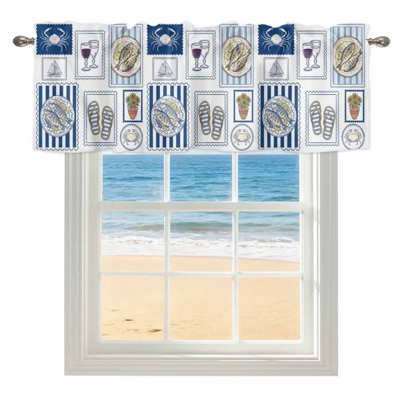 Summer Animals Window Valance for Kitchen, Grilled Fish Crab Cute Sailboat Cartoon Flip-Flops Rod Pocket Short Curtain for Small Windows, Light Filtering Decorative Valance, 54 x 18 Inch