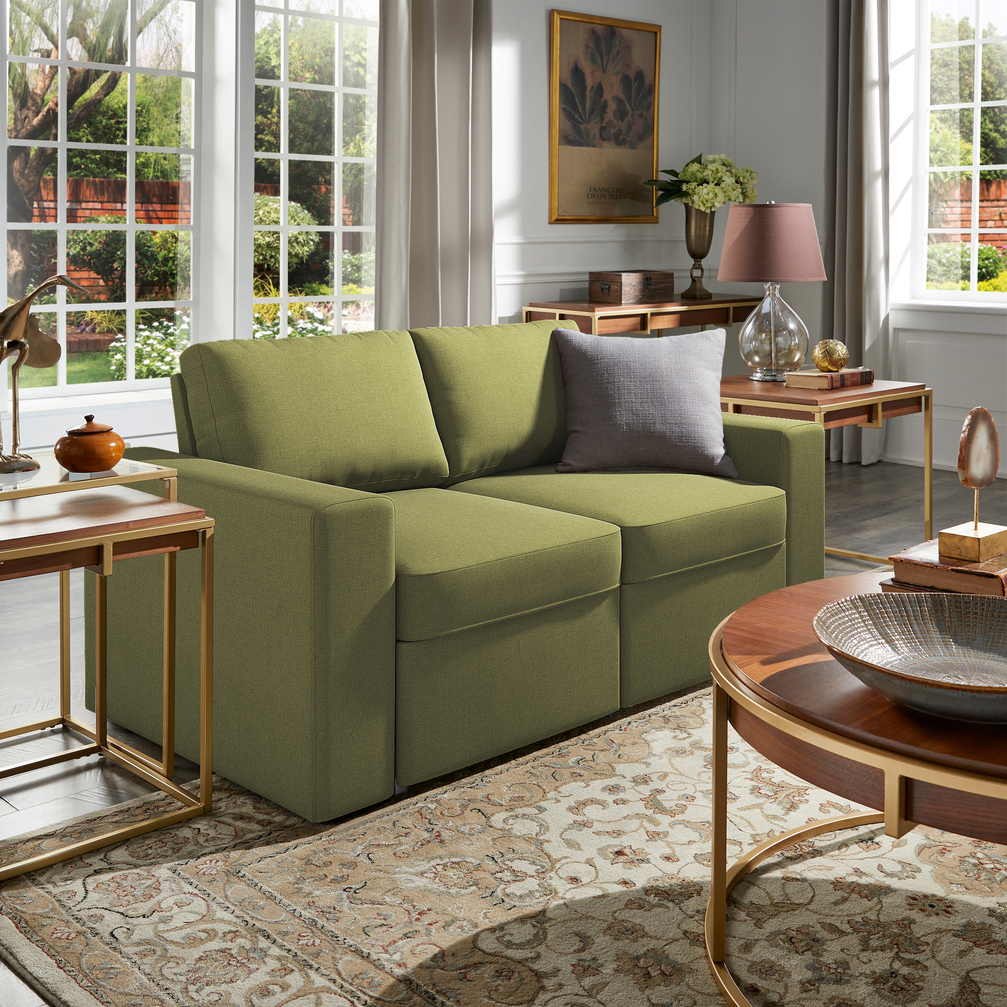 Weston Home Glen Park Upholstered Loveseat with 2 Hidden Metal Wire Storage Drawers, Green