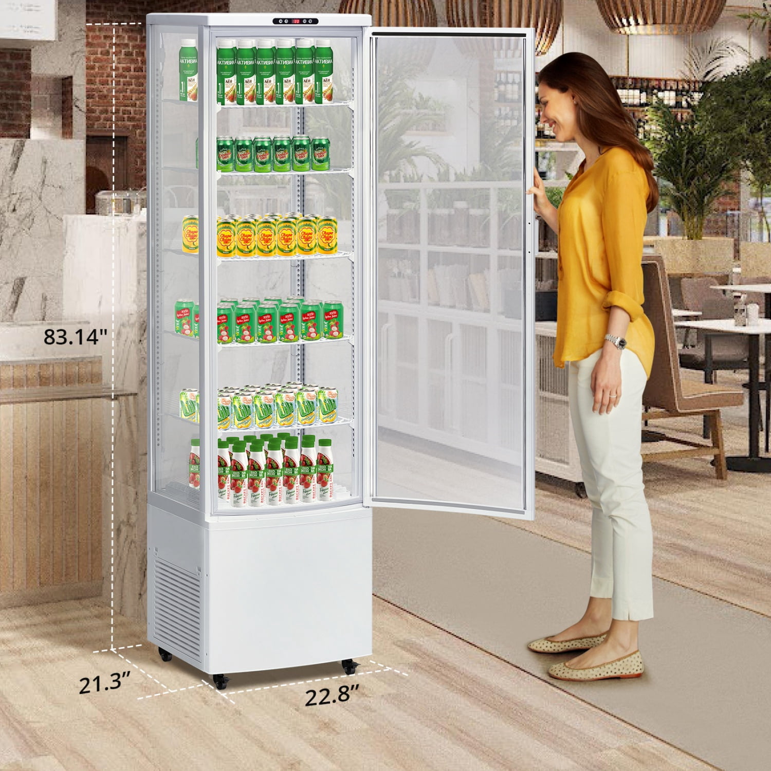 308L Commercial Display Refrigerator, 9.8 Cubic Feet Single Door, Led Lighting On Five Sides, Double-glazed, Countertop/floor Refrigerator, 110v, Suitable For Shops, Restaurants, Apartments