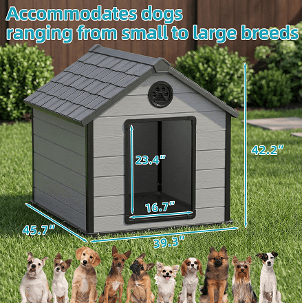 fazzn Large Dog House Outdoor, Insulated Waterproof Resin Dog Kennel with Elevated Floor, All-Weather Dog Shelter for Medium Large Dogs, Easy Assembly.Black-gray,Father's Day Gift