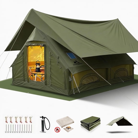 Inflatable Camping Tents 8-10 Person,129 Square Feets Large Inflatable Camping Tent with Stove Jack,Blow up Tent with Mesh Windows & Pump