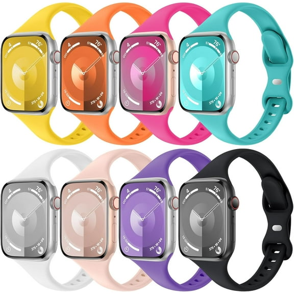 8 Pack Slim Thin Bands Compatible with Apple Watch 38mm 40mm 41mm 42mm 44mm 45mm 49mm, Replacement Soft Silicone Sport Strap Wristbands for iWatch Series Ultra/Ultra 2 9/8/7/6/5/4/3/2/1 SE Women Men