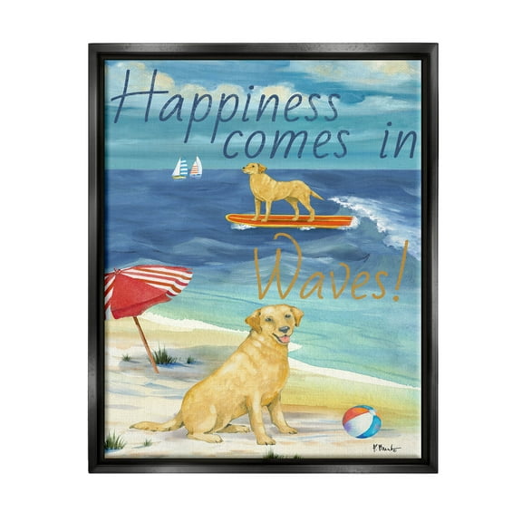 Stupell Industries Surf Pup Happiness in Waves Graphic Art Jet Black Floating Framed Canvas Print Wall Art, Design by Paul Brent