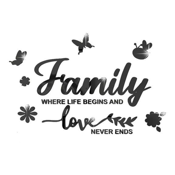 Family Mirror Wall Sticker Family and Love Mirror Decals DIY Plastic Mirror Tiles Self-Adhesive Letters Mirror Wall Decors Sticker for Home Living Room Bedroom Furniture Wall Decoration Black