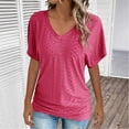 thumbnail image 2 of Women's V Neck Shirts Eyelet Short Sleeve Tops Basic Solid Color Tee Casual Loose Fit Comfy Soft Clothes (L, Hot Pink), 2 of 5