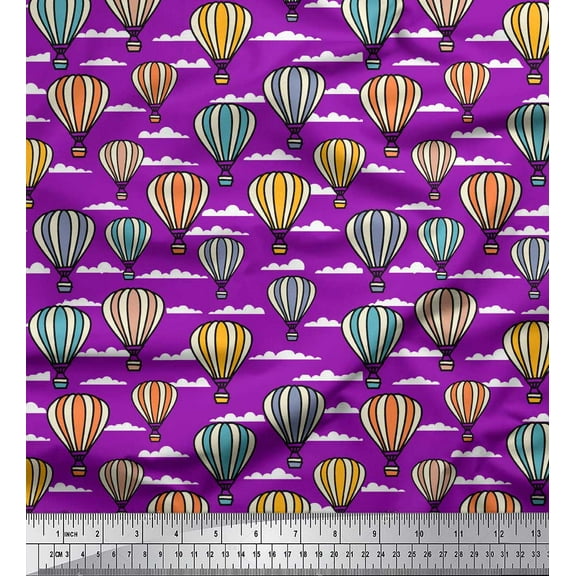 Soimoi Purple Cotton Voile Fabric Cloud & Hot Air Balloon Holiday Print Fabric by the Yard 42 Inch Wide