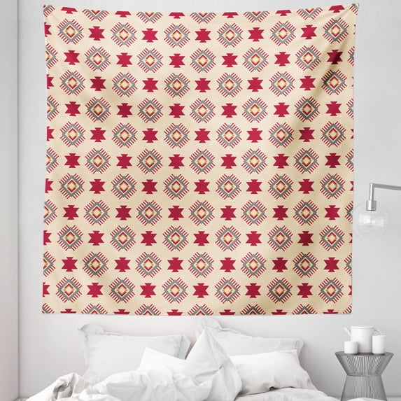 Southwestern Tapestry, Geometric Tribal Modern Smoothly Continuous Design Illustration, Fabric Wall Hanging Decor for Bedroom Living Room Dorm, 5 Sizes, Champagne and Raspberry, by Ambesonne