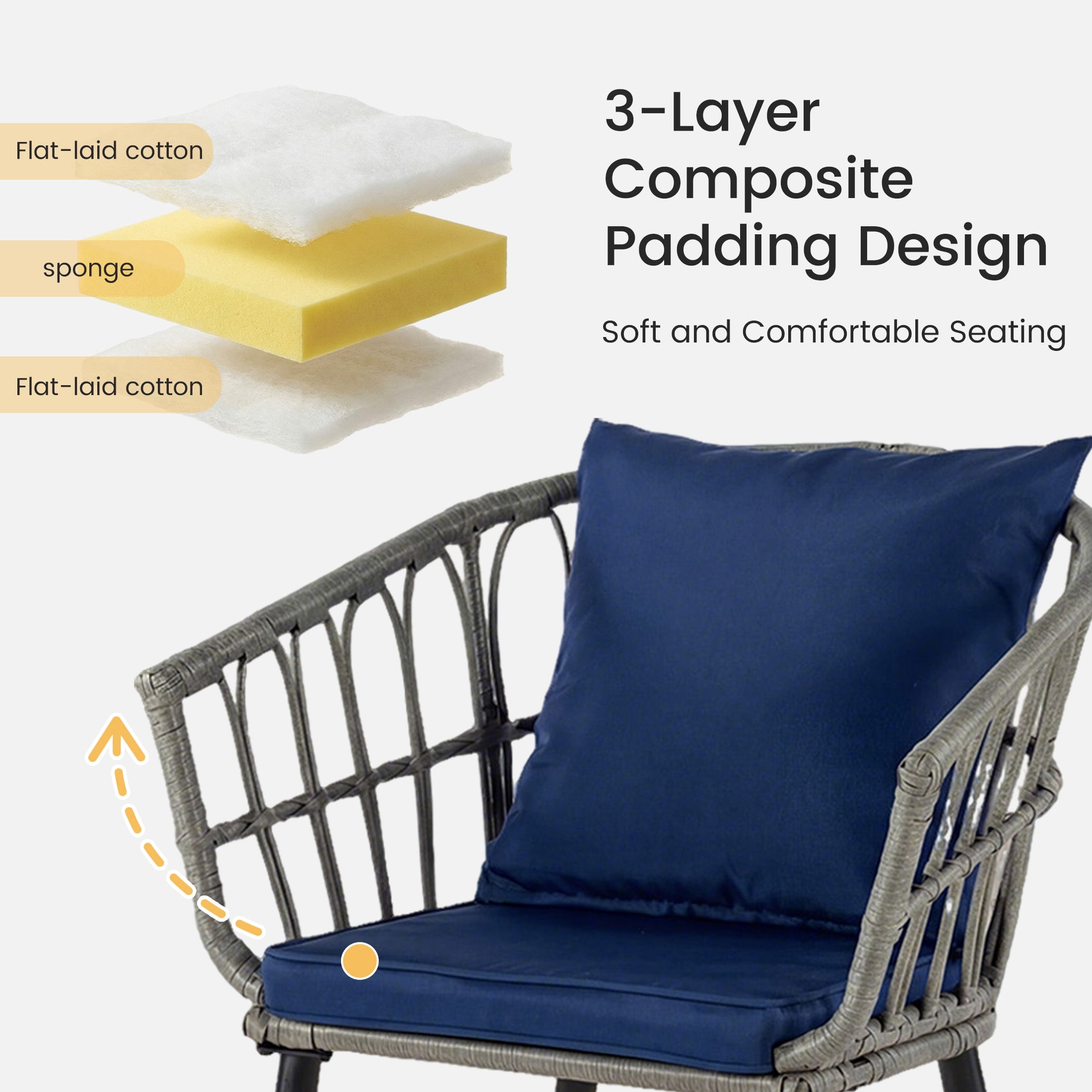 EDX 3 Piece Outdoor Patio Wicker Furniture Set, Rattan Chairs with Tempered Glass Coffee Table, Sturdy Steel Frame, Washable Cushions, for Balcony Backyard Poolside Lawn,Blue