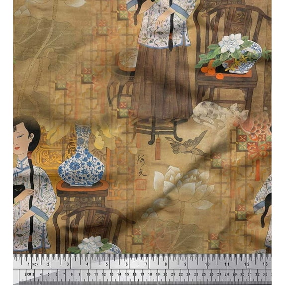 Soimoi Japan Crepe Satin Fabric Flower Vase,Cat & Girl Human Figure Print Fabric by The Yard 42 Inch Wide
