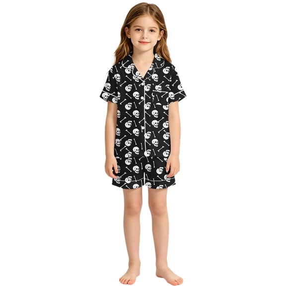 FYDUU Girls Pajamas Short Sleeve Button Down Short Set Cute Halloween Print Pajama Sets Kids Soft Sleepwear Loungewear Nightwear 13-14 Years