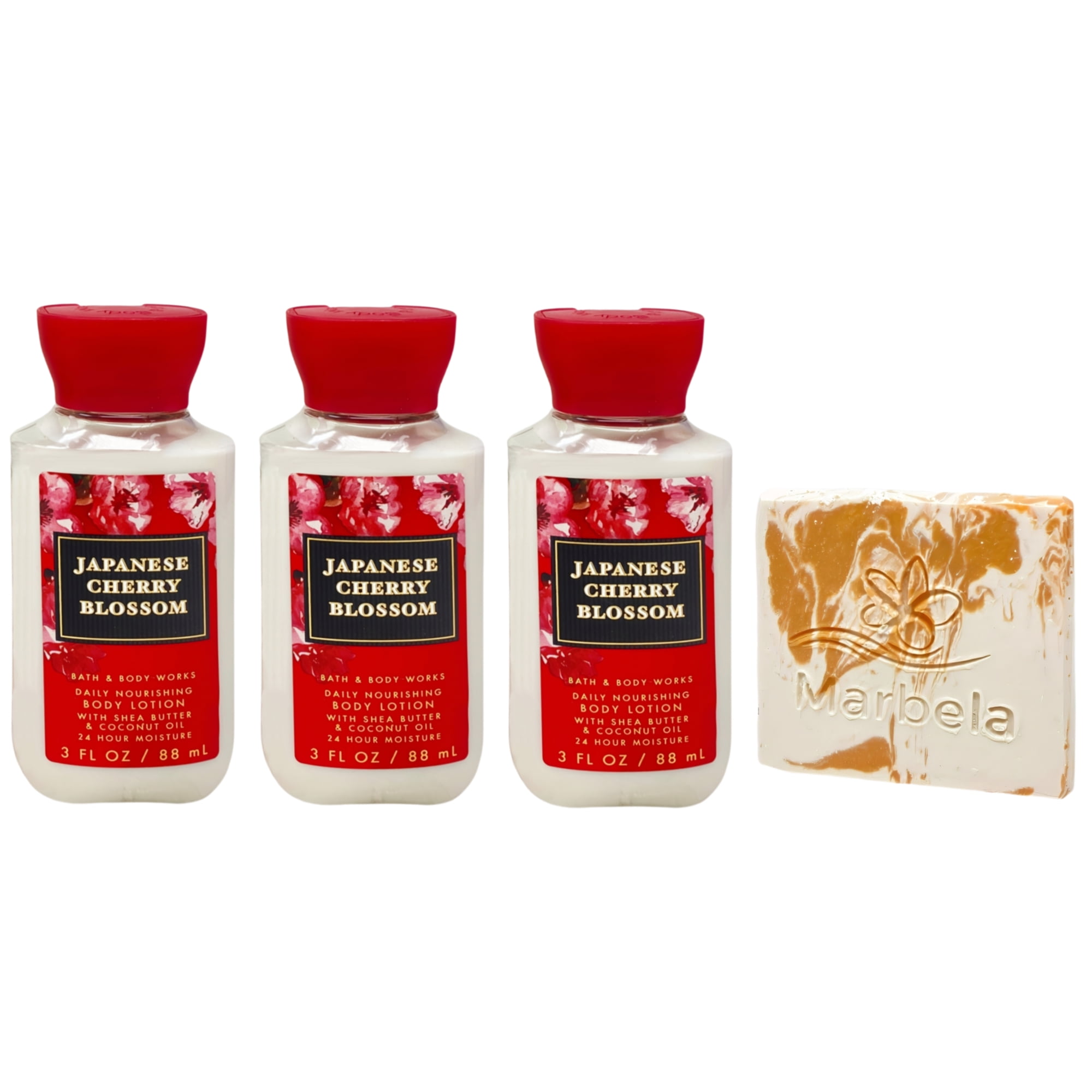 Bath & Body Works Japanese Cherry Blossom - 3 Daily Nourishing Body Lotions with a Peach Gardenia Mini Soap - Travel Size