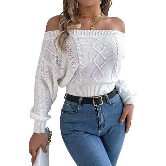 Womens Off the Shoulder Sweater Solid Cable Knitted Pullover Jumper Top Casual Long Sleeve Cropped Sweaters White S