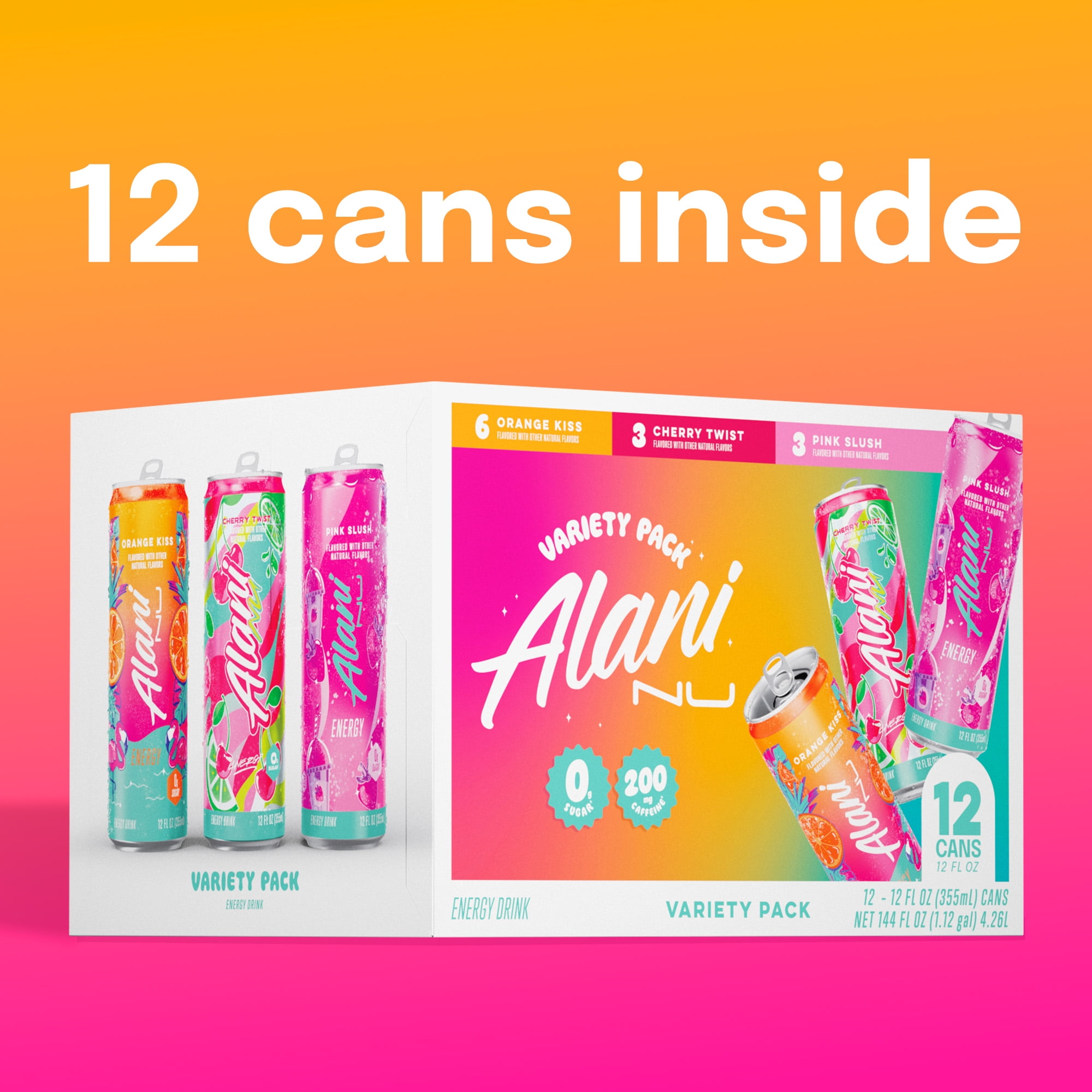 Alani Nu Sugar Free Energy Drink, Variety Pack, Pink Slush, Orange Kiss, Cherry Twist, 12 fl oz, 12 Pack, Cans, 200mg Caffeine