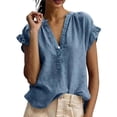thumbnail image 3 of NMMUED Linen Tops for Women Summer Ruffle Top Short Sleeve Womens Summer Gauze Tops 2026 Vacation Beach Outfits Trendy V Neck Summer Clothes for Women Navy L, 3 of 7