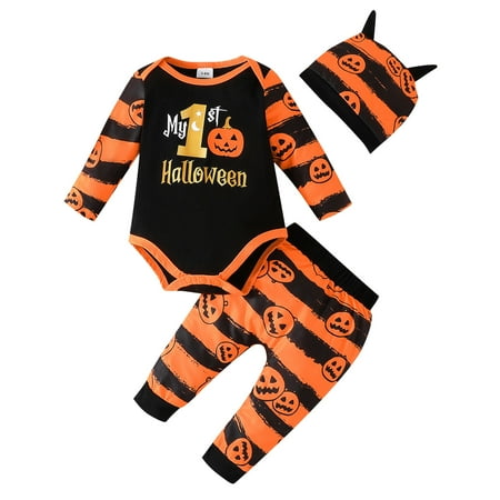 

KUNKASA Outfit Set For Boys Girls Pullover Halloween Newborn Infant Long Sleeve Letter Pumpkin Prints Romper Pants Hat Crewneck Shirt Clothes 0-3 Months