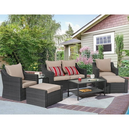 Superjoe 7 Pcs Outdoor PE Wicker Furniture Set Patio Black Rattan Sectional Sofa Couch with Washable Khaki Cushions