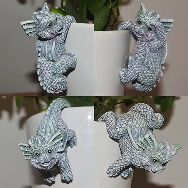 4 PCS Planter Pot Hanger Miniature Fairy Garden Decor Dragon Flower Pot and Vase Hugger Creative 3D Craft Dragon Figurines Climbing Decoration Home Office Desk Ornaments
