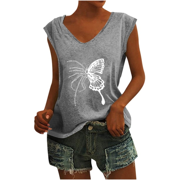Camisetas sin mangas con cuello en V de verano para mujer, camisetas de manga corta con estampado de mariposa Retro OAVQHLG3B Store lin121212