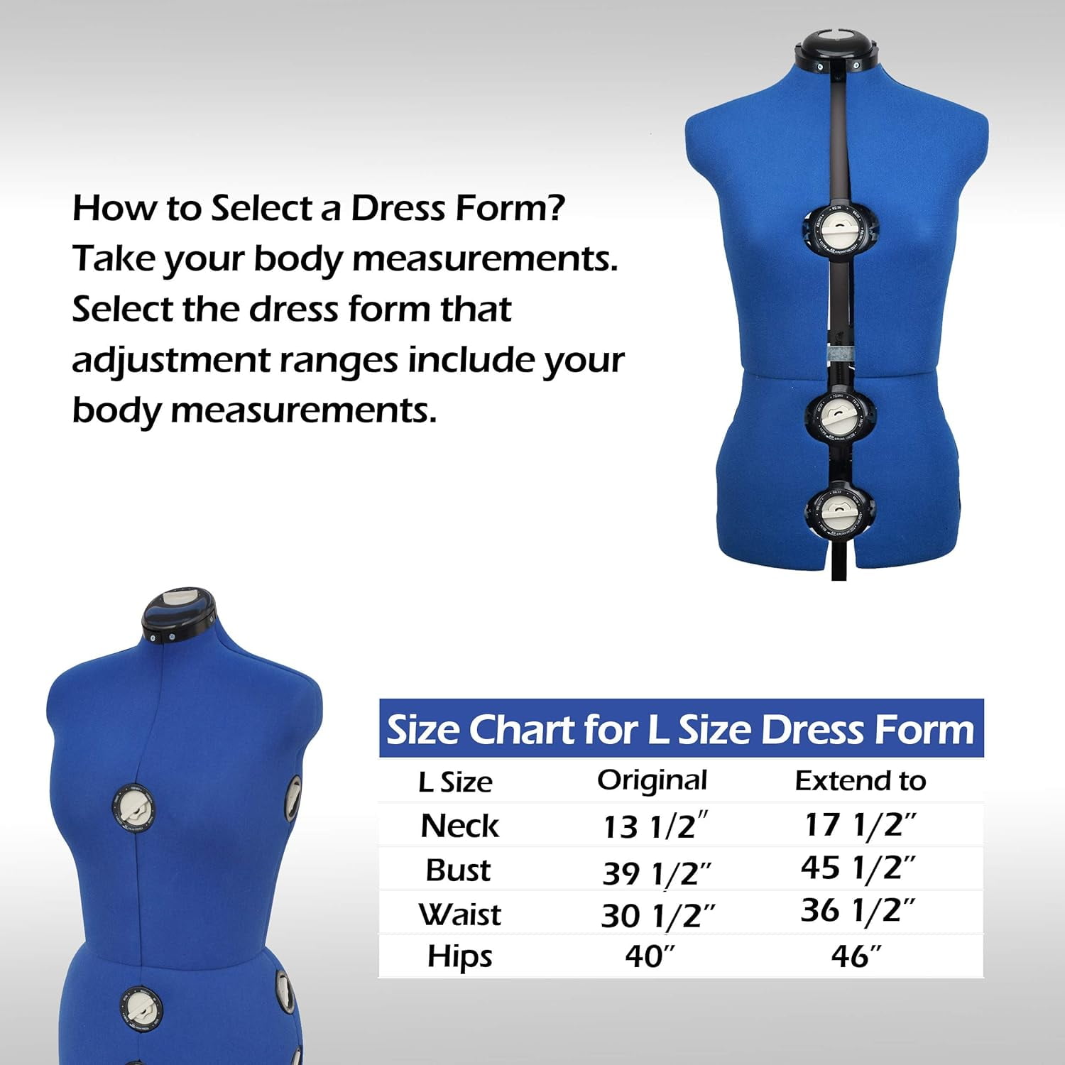 GEX 13 Dials Female Fabric Adjustable Mannequin Dress Form for Sewing, Mannequin Body Torso with Stand, Up to 70" Shoulder Height Blue (Large)