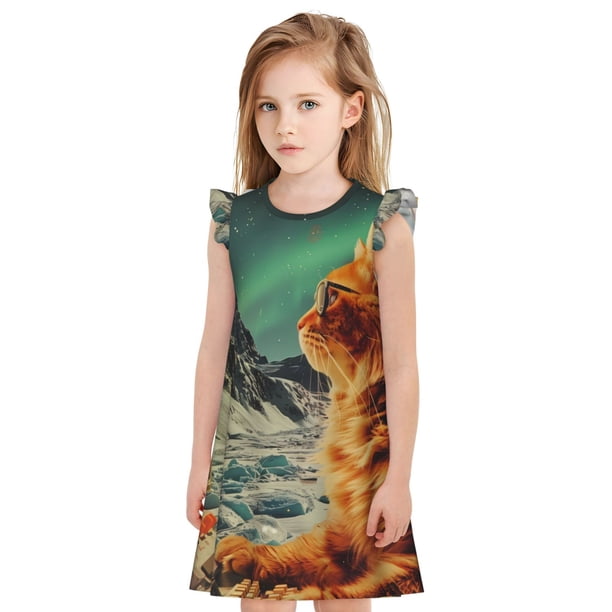 Fotbe Space Adventurer Cat Vestido de Dormir para Niñas de 3 a 10 Años, Mangas Cortas, Estilo Princesa, Pijama Camisón con Mangas Voladas-Small