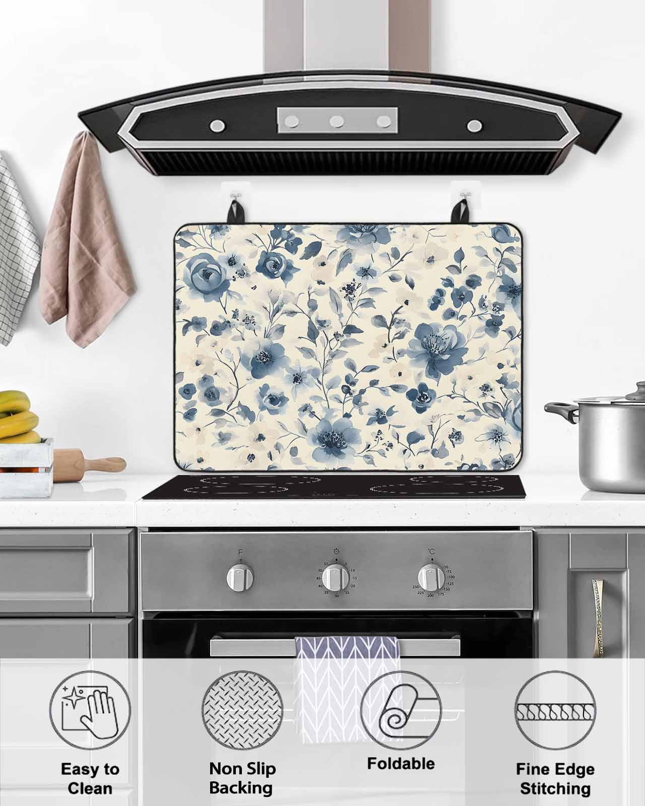 nqOlkjepod Large Induction Cooktop Protector Mat 24"x21", Botanicals Flower Stove Top Covers for Electric Stove, Blue Wildflower Garden Motifs Floral Stove Burner Cover Mats, Glass Top Stove Cover