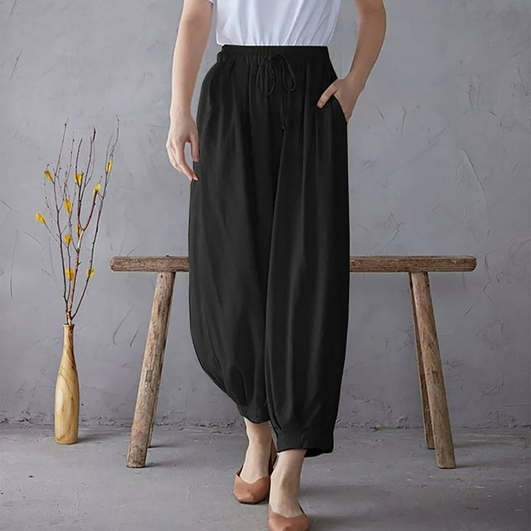 Womens Plus Size Linen Harem Pants Cinched Bottom Wide Leg Loose Drawstring  Elastic Waist Pocket Lounge Trousers (XX-Large, Black)