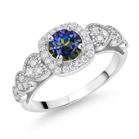 Gem Stone King 925 Sterling Silver Blue Mystic Topaz and White Moissanite Engagement Ring for Women (1.38 Cttw Round 6MM Gemstone Birthstone Size 5)