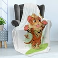 thumbnail image 4 of Cartoon Soft Flannel Fleece Throw Blanket, Cub Playing with Butterflies in the Meadow Joyful Lively Baby Tiger Cat, Cozy Plush for Indoor and Outdoor Use, 50" x 70", Orange Cream Green, by Ambesonne, 4 of 5