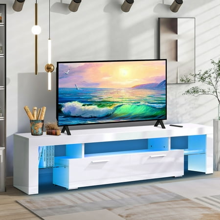 uhomepro TV Stand for TVs up to 70", Living Room Entertainment Center with RGB LED Lights and Storage Shelves Furniture, White High Gloss TV Cabinet Console Table