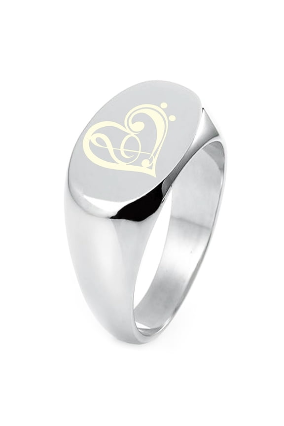 Sterling Silver Treble Bass Clef Heart Engraved Oval Flat Top Polished Ring
