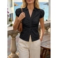 thumbnail image 2 of Women Puff Short Sleeve Button Down Shirt Collared Ruched Fitted Blouse, 2 of 6