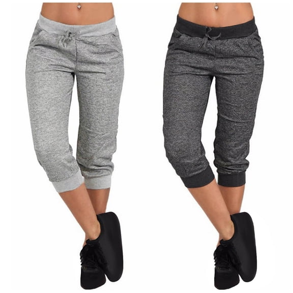 HAPIMO Capri Sweatpants Jogger Pants with Pocket for Women Clearance Summer Fashion Relaxed Sale Solid High Elastic Waist Trousers Running Sports Stretch Yoga Drawstring Black S