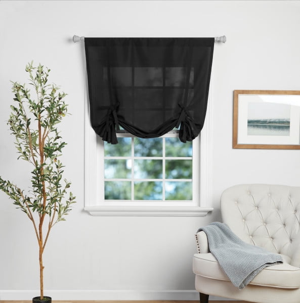 Mainstays Tie up Balloon Shade Pole Top, Rich Black, Polyester, Recycled Poly, 42"W x 63"L, 1 Piece, Indoor Curtain, Adult
