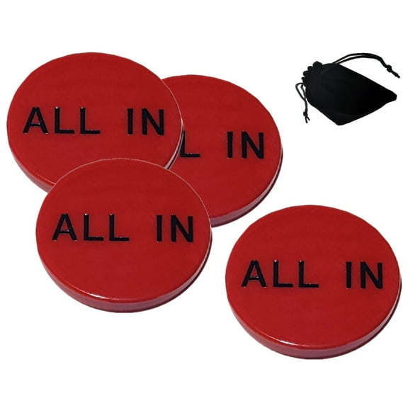 Cyber-Deals Lot of 4pcs Texas Hold'em Poker 2'' All in Buttons, Double Sided Red with Black Lettering ... Plus Storage Pouch