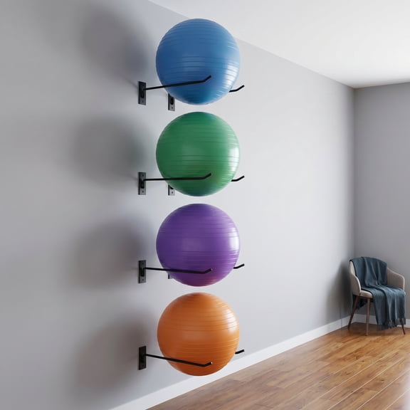YOSADIER 4Pcs Space Saving Wall Mounted Black Yoga Ball Holder Rack for Exercise Ball Storage