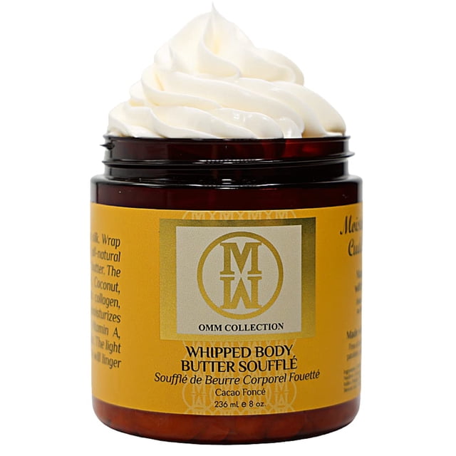 ¿Soufflé de mantequilla corporal batida natural de la colección OMM? Para piel seca y dañada - Manteca de karité batida con vitamina E y aceite de coco Manteca de mango y manteca de cacao - Karité hid
